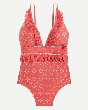 J.Crew Scalloped Ruffle Plunging One-Piece Swimsuit Laser-Cut Eyelet Pink Size 6